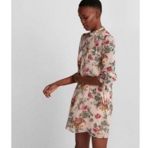 Express Beige w/ Floral Mandarin Neck Chiffon Dress